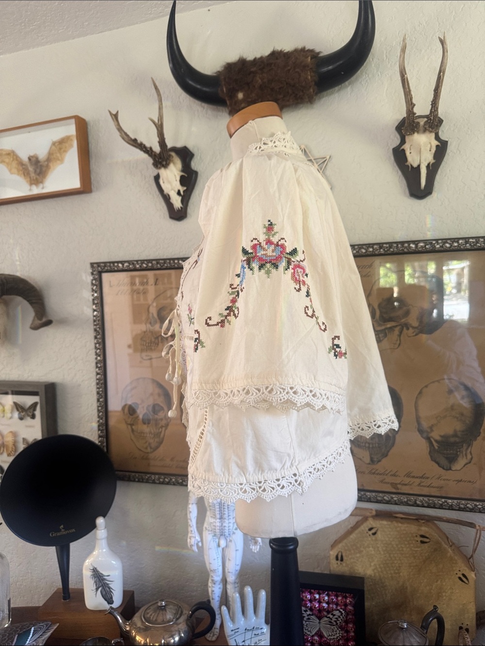Embroidered Cream Tie-Front Peasant Top - Picture 3 of 6